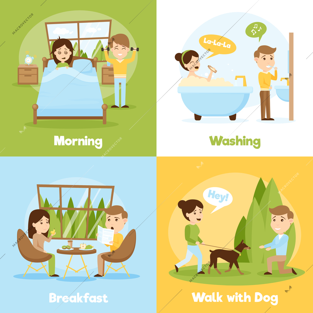 Cartoon style 2x2 compositions of people daily life presenting morning washing breakfast and walking with dog vector illustration