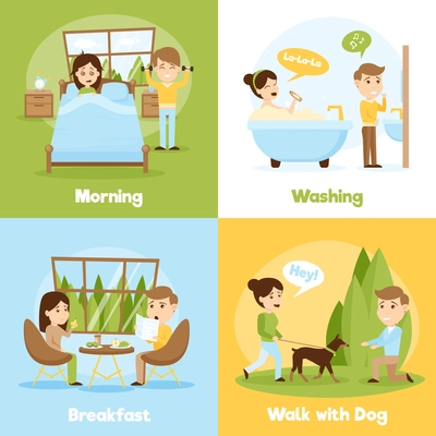 Cartoon style 2x2 compositions of people daily life presenting morning washing breakfast and walking with dog vector illustration