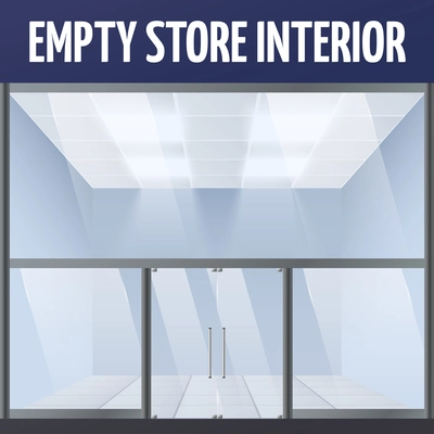 Illuminated empty supermarket or department warehouse store building interior vector illustration