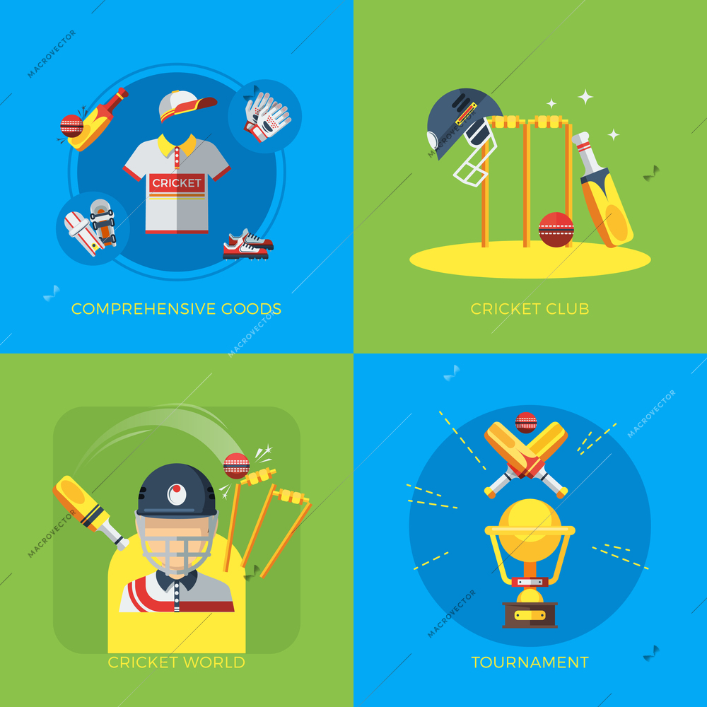Cricket 2x2 flat icons on blue and green background with goods and apparel for players and tournament flat isolated vector illustration