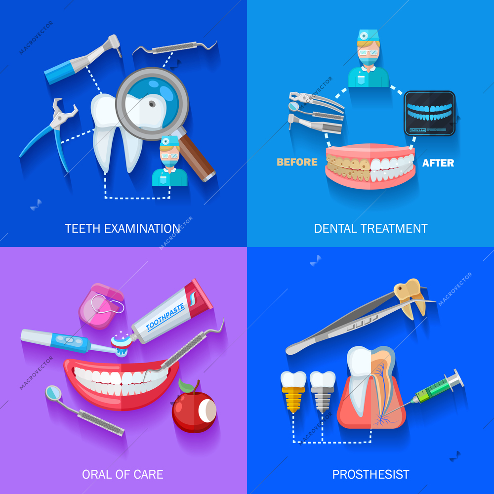 Flat 2x dentist icons set with teeth examination dental treatment care and prosthesis isolated vector illustration