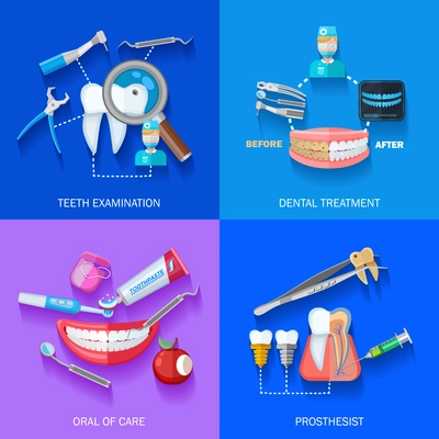 Flat 2x dentist icons set with teeth examination dental treatment care and prosthesis isolated vector illustration