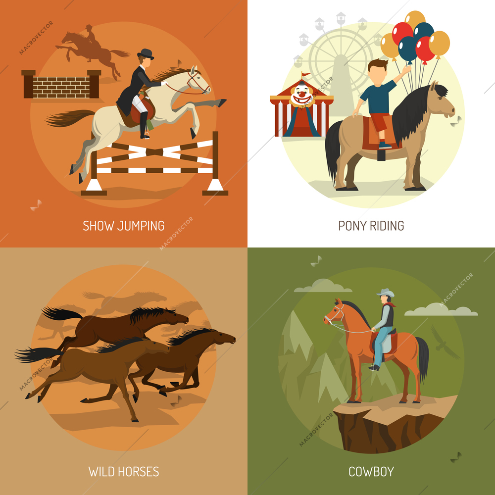 Horse breeds concept 4 flat icons square with equestrian show jumping and pony riding abstract isolated vector illustration