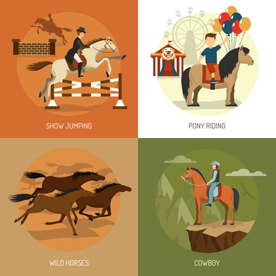 Horse breeds concept 4 flat icons square with equestrian show jumping and pony riding abstract isolated vector illustration