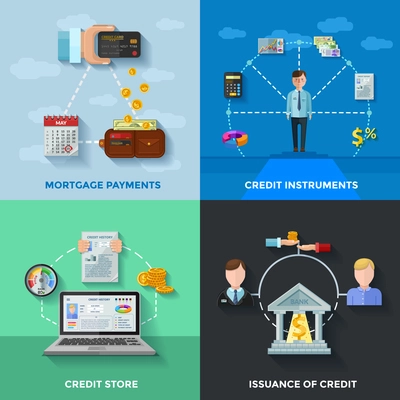 Credit rating 2x2 design concept set of  mortgage payments credit score issuance of credit compositions flat vector illustration