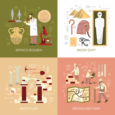 Color flat composition 2x2 depicting archeology concept artifacts research ancient egypt ruins vector illustration