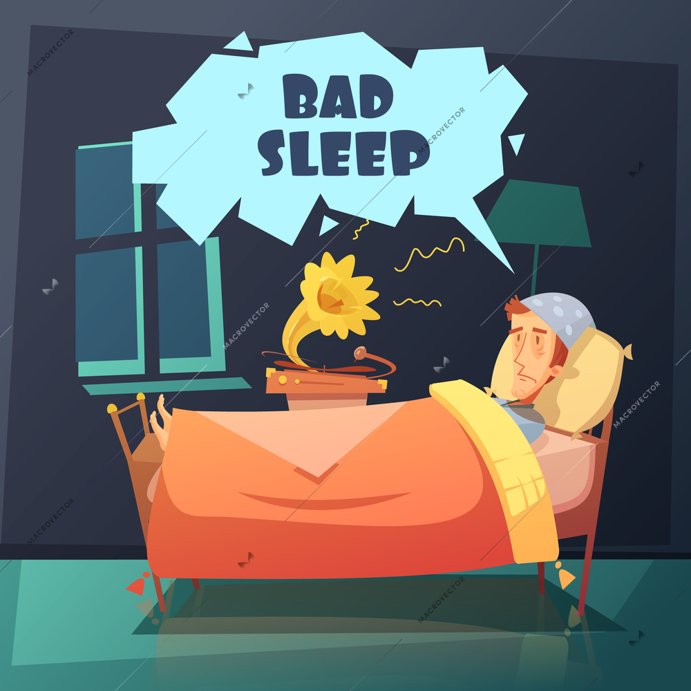 Color illustration depicting man in bed at night with nightcap near gramophone with title bad sleep vector illustration