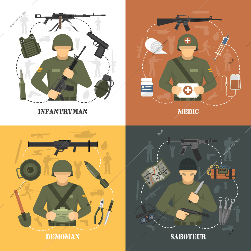 Military army war video games characters 4 flat icons square with saboteur and demoman isolated vector illustration