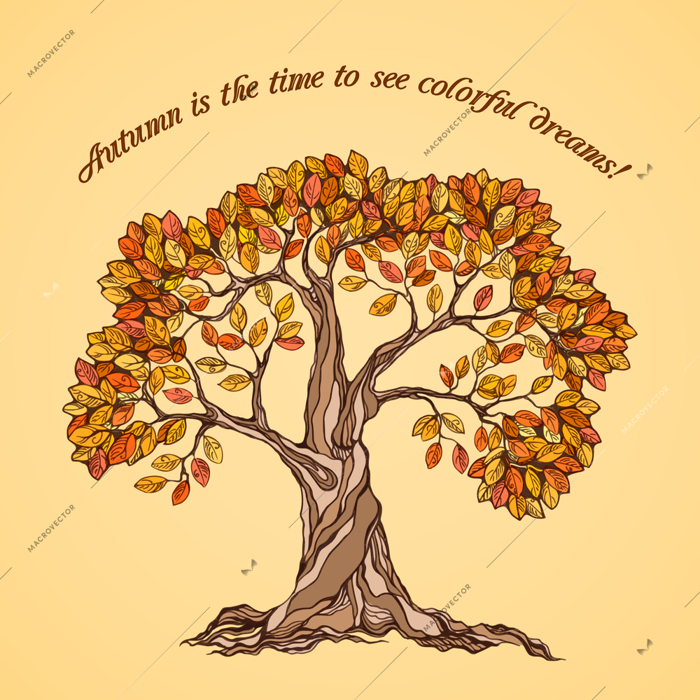 Autumn is the time to see colorful dreams poster with yellow and orange leaves tree vector illustration