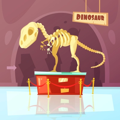 Color cartoon illustration of museum exibition about dinosaur vector illustration