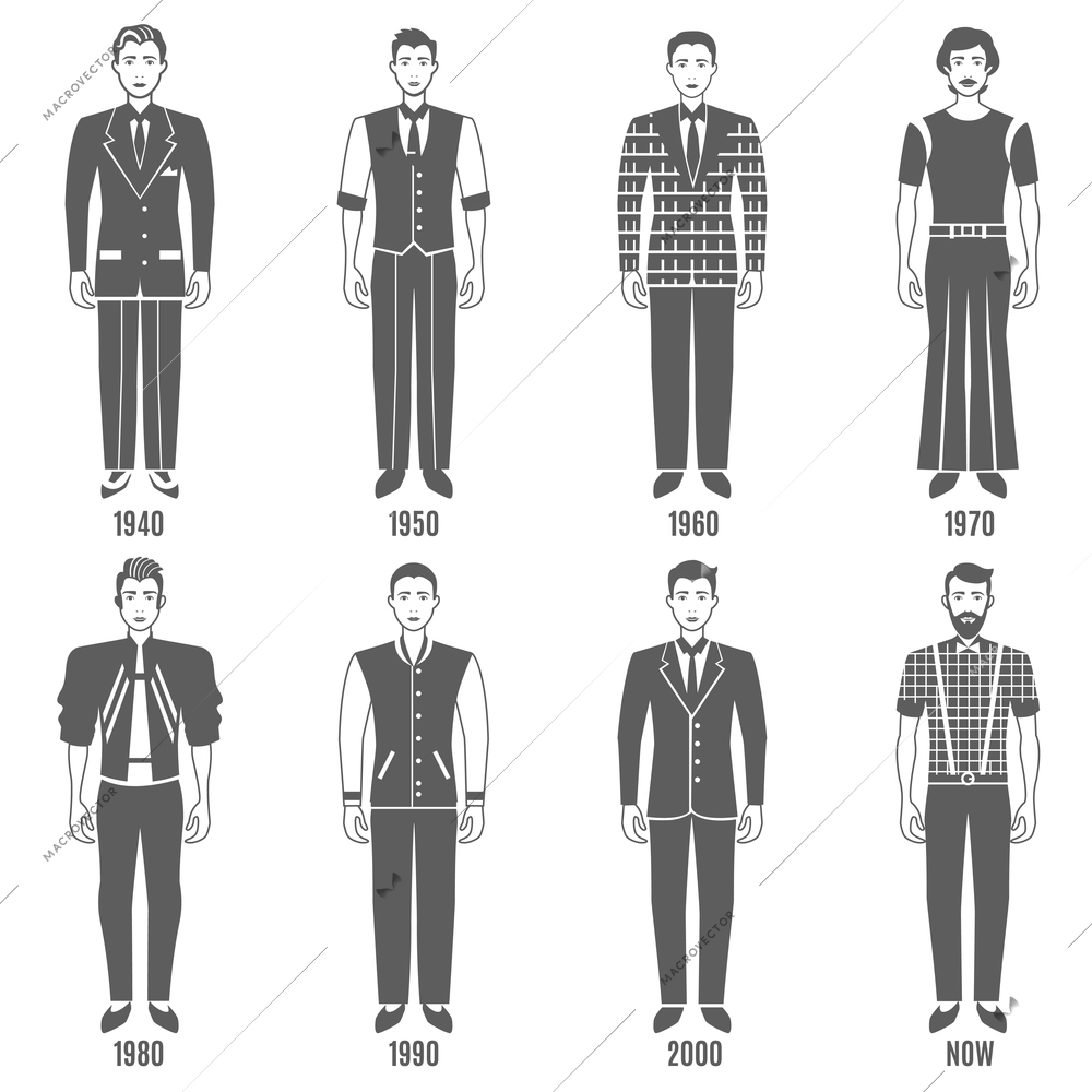 Men Fashion Black White Icons Set. Fashion Development Vector Illustration. Man Fashion Evolution Decorative Set.  Fashion Evolution Design Set. Fashion Evolution Flat Isolated Set.