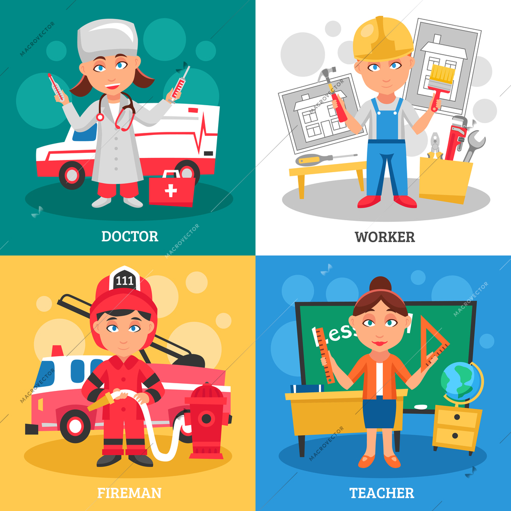 Professions for kids 2x2 flat design concept with doctor fireman teacher and worker cartoon square compositions vector illustration