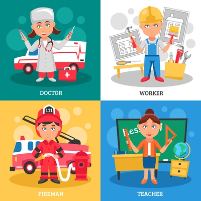 Professions for kids 2x2 flat design concept with doctor fireman teacher and worker cartoon square compositions vector illustration