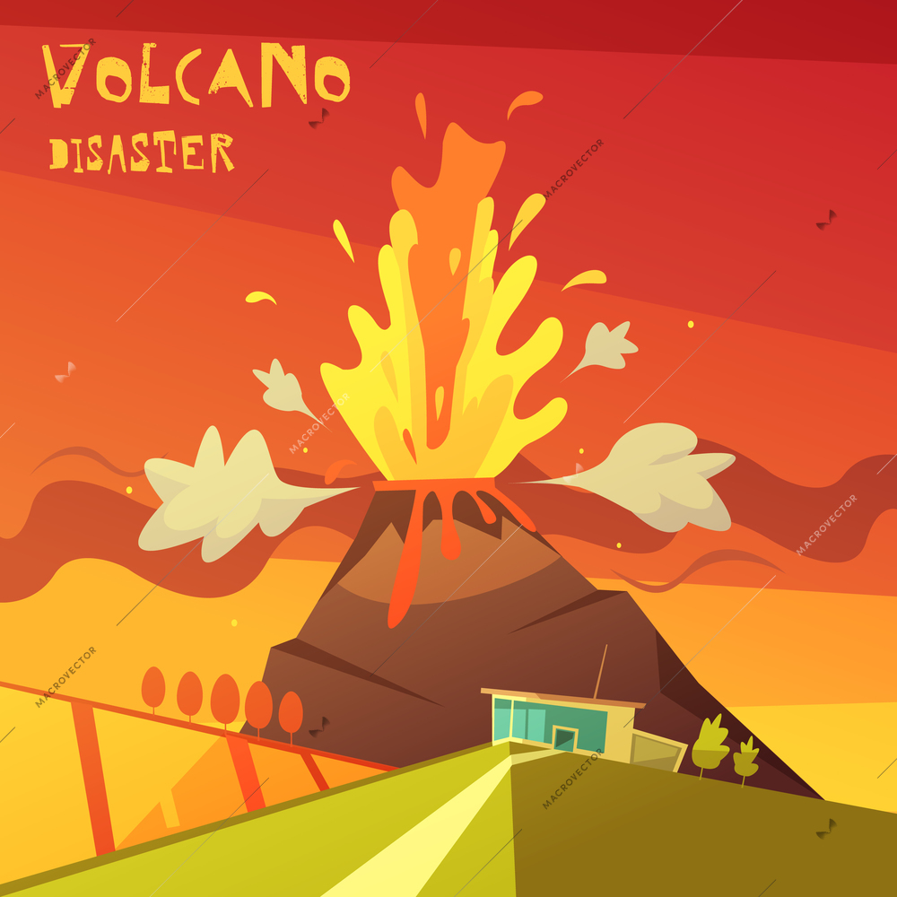 Color cartoon illustration volcano disaster depicting lava rising from the volcano vector illustration