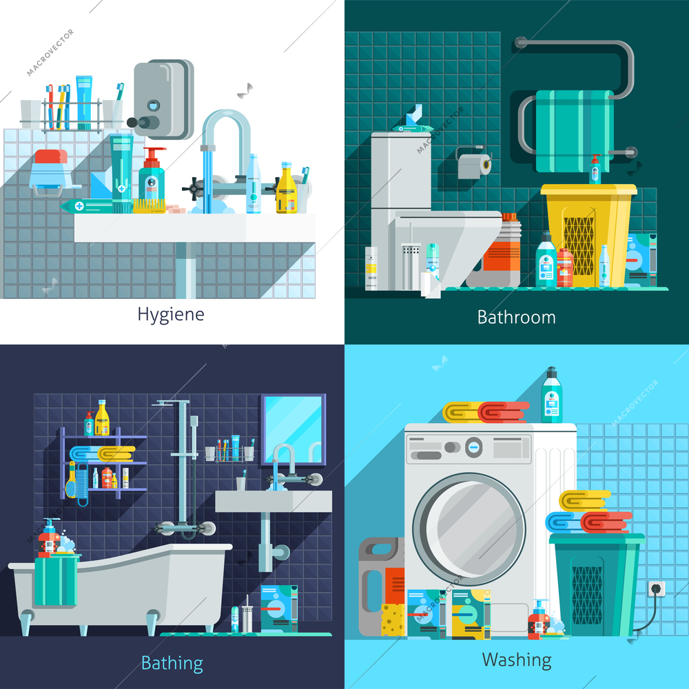 Orthogonal hygiene icons 2x2 flat concept set of hygiene bathroom washing and bathing design compositions vector illustration