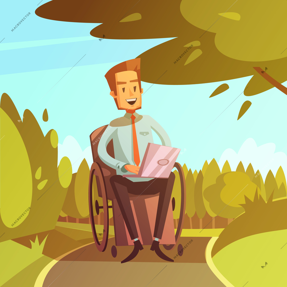 Color cartoon illustration depicting disabled man in wheelchair with computer vector illustration