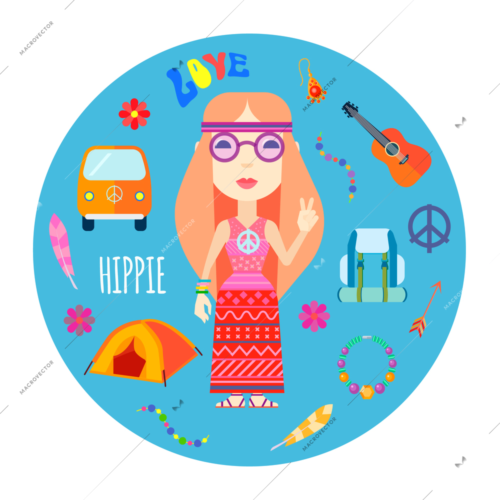 Girl hippie character with red hair guitar and backpack accessories flat round blue background abstract vector illustration