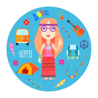 Girl hippie character with red hair guitar and backpack accessories flat round blue background abstract vector illustration