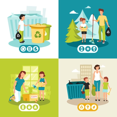 Batteries plastic and domestic waste collection for recycling concept 4 flat icons square abstract isolated vector illustration