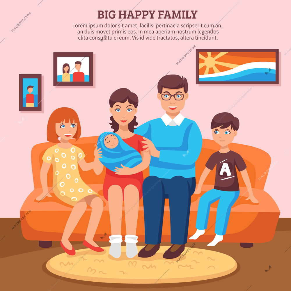 Big happy family with parents and children flat background vector illustration