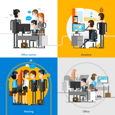 People in office interior 2x2 design concept with groups of employees at their workplace busying in teamwork vector illustration