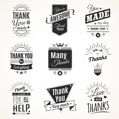 Monochrome collection of nine vintage thank you signs with sun light elements in retro font style isolated vector illustration