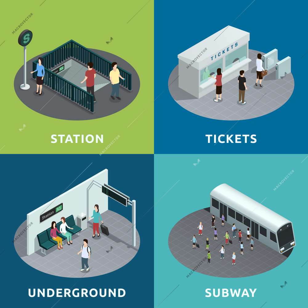 Color isometric design concept 2x2 depicting  roon of metro atation tickets underground subway vector illustration