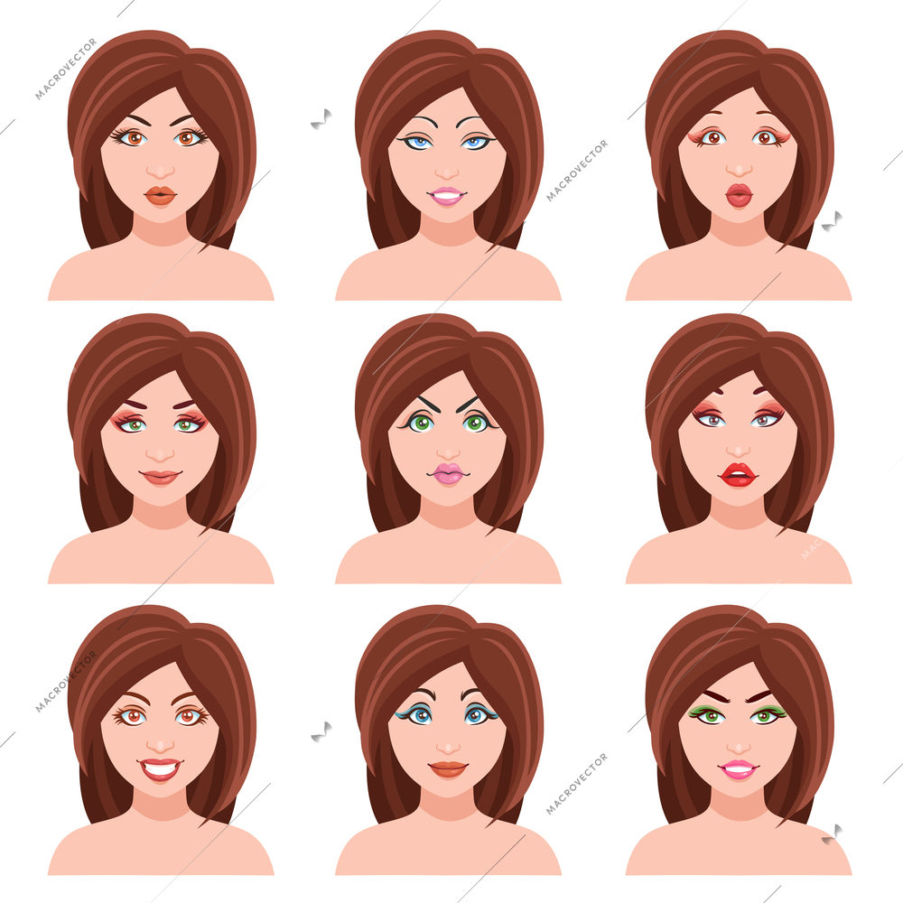 Woman faces set with eyes and lips makeup flat isolated vector illustration