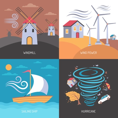 Color flat composition 2x2 depicting wind power windmill hurricane sailing ship vector illustration