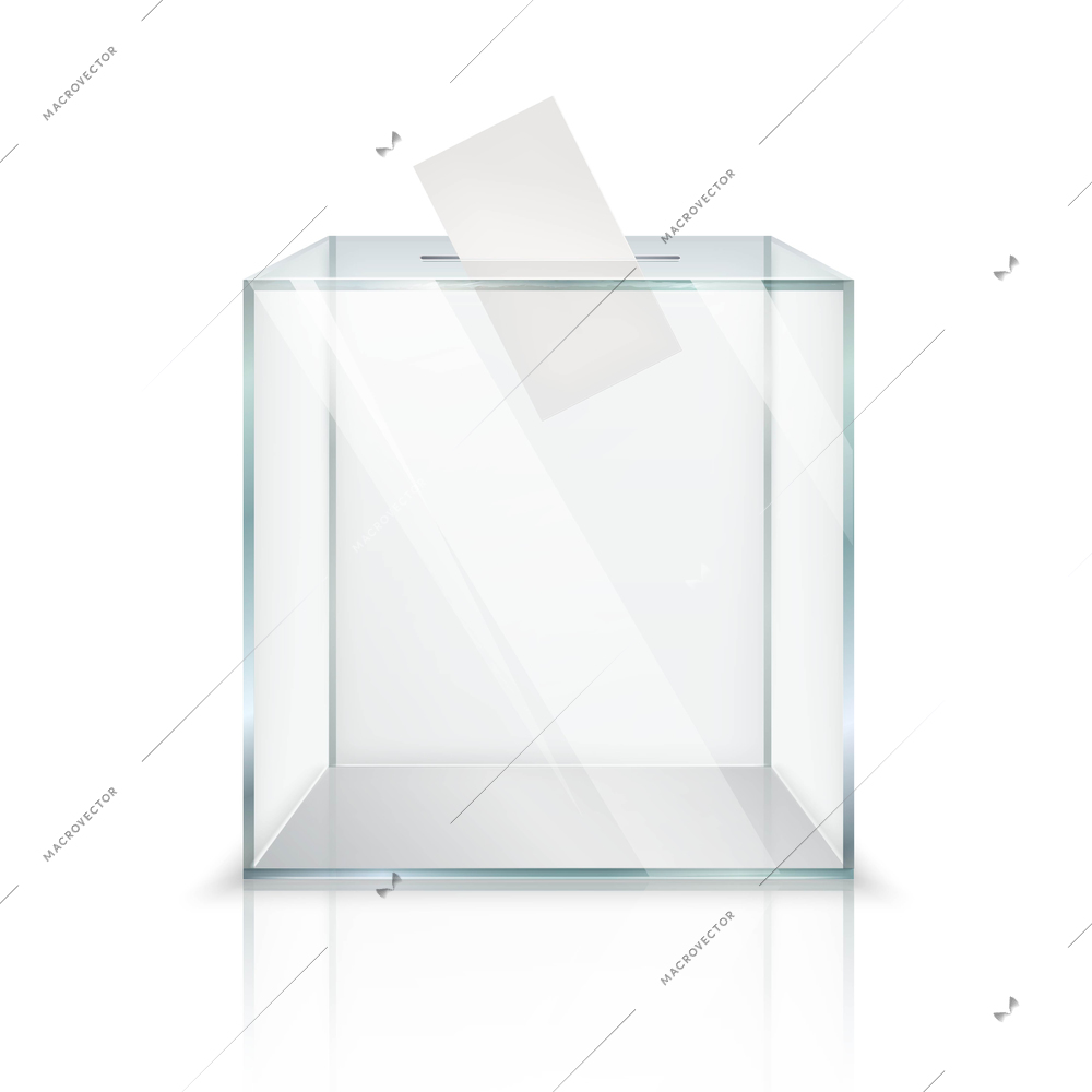 Realistic empty transparent ballot box with voting paper in hole on white background isolated vector illustration