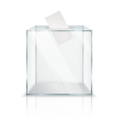 Realistic empty transparent ballot box with voting paper in hole on white background isolated vector illustration