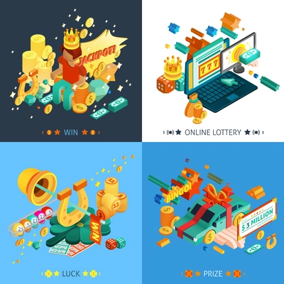 Lottery and jackpot concept icons set with luck and prize symbols isometric isolated vector illustration