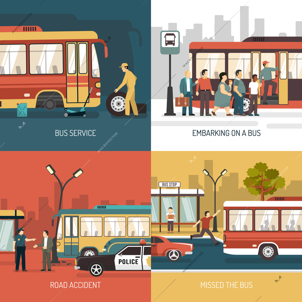 City transport service bus stop concept 4 flat icons square with boarding passengers  abstract isolated vector illustration