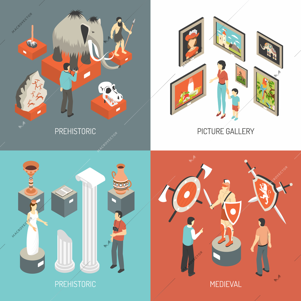 Historical museum medieval hall exhibits and picture gallery 4 isometric icons square banner abstract isolated vector illustration