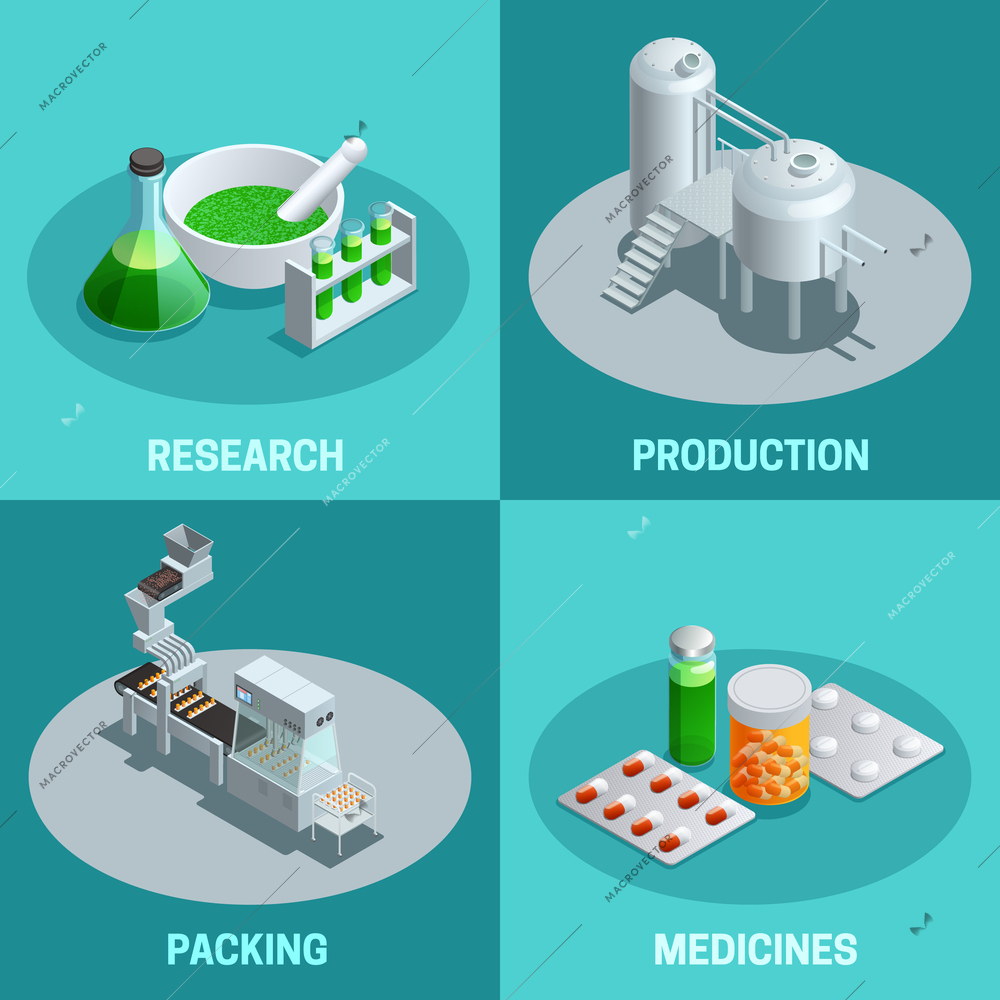 Isometric 2x2 compositions of pharmaceutical production steps like research production packing and end product medicines vector illustration