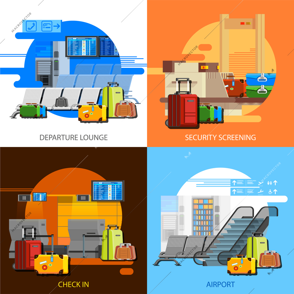 Airport interiors 2x2 flat design concept set of checkin security screening and departure lounge compositions vector illustration