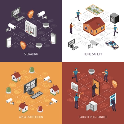 Home security system protection in work concept 4 isometric icons square banner design abstract isolated vector illustration