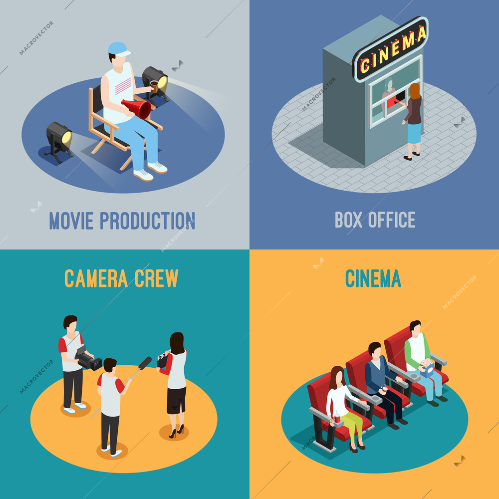 Cinema box office and movie production camera crew 4 isometric icons square poster abstract isolated vector illustration