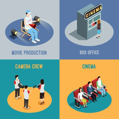 Cinema box office and movie production camera crew 4 isometric icons square poster abstract isolated vector illustration