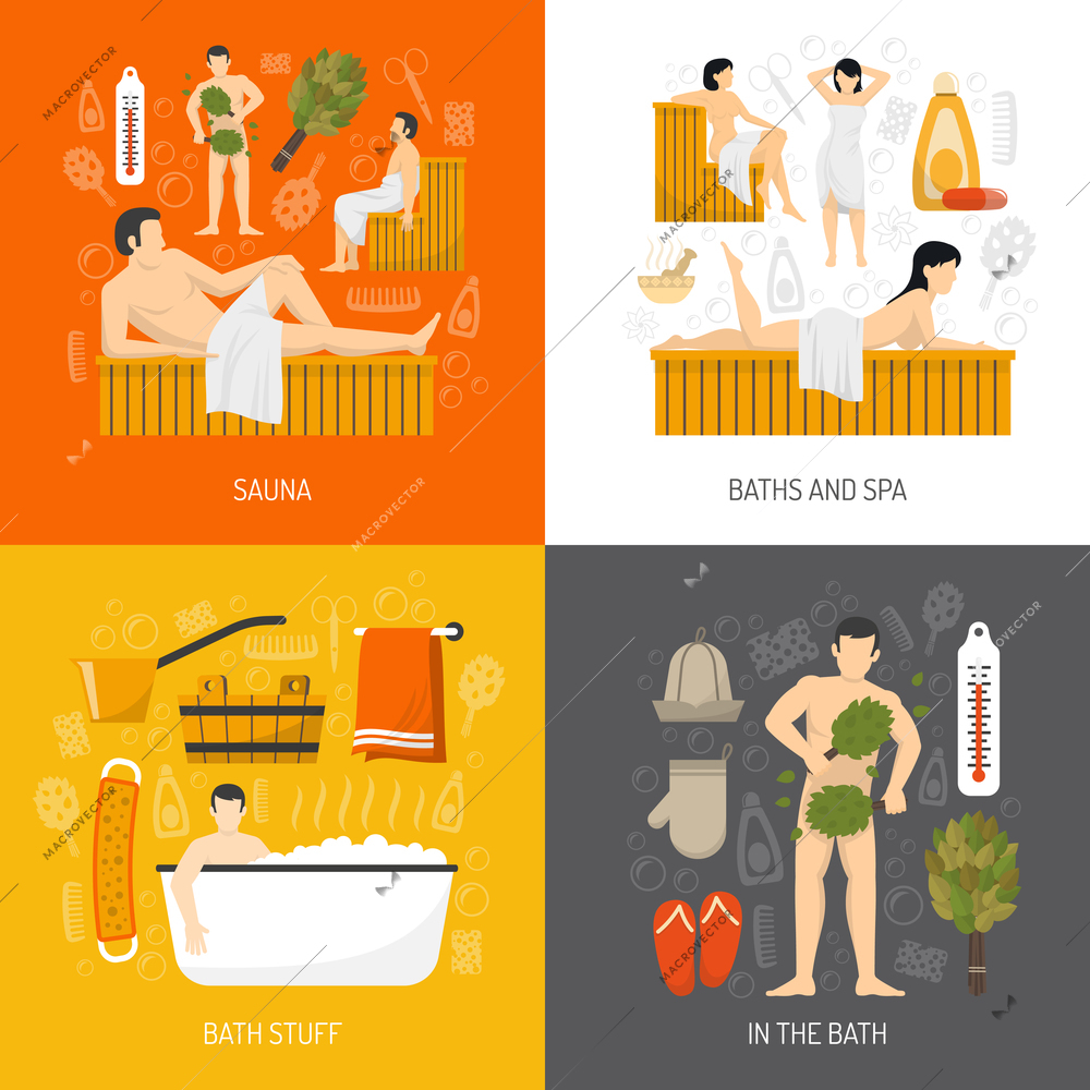 Bath sauna and mineral spa resort center concept 4 flat icons square composition poster abstract isolated vector illustration