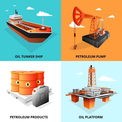 Petroleum industry concept 4 isometric icons square with extraction platform and oil transportation tanker isolated vector illustration