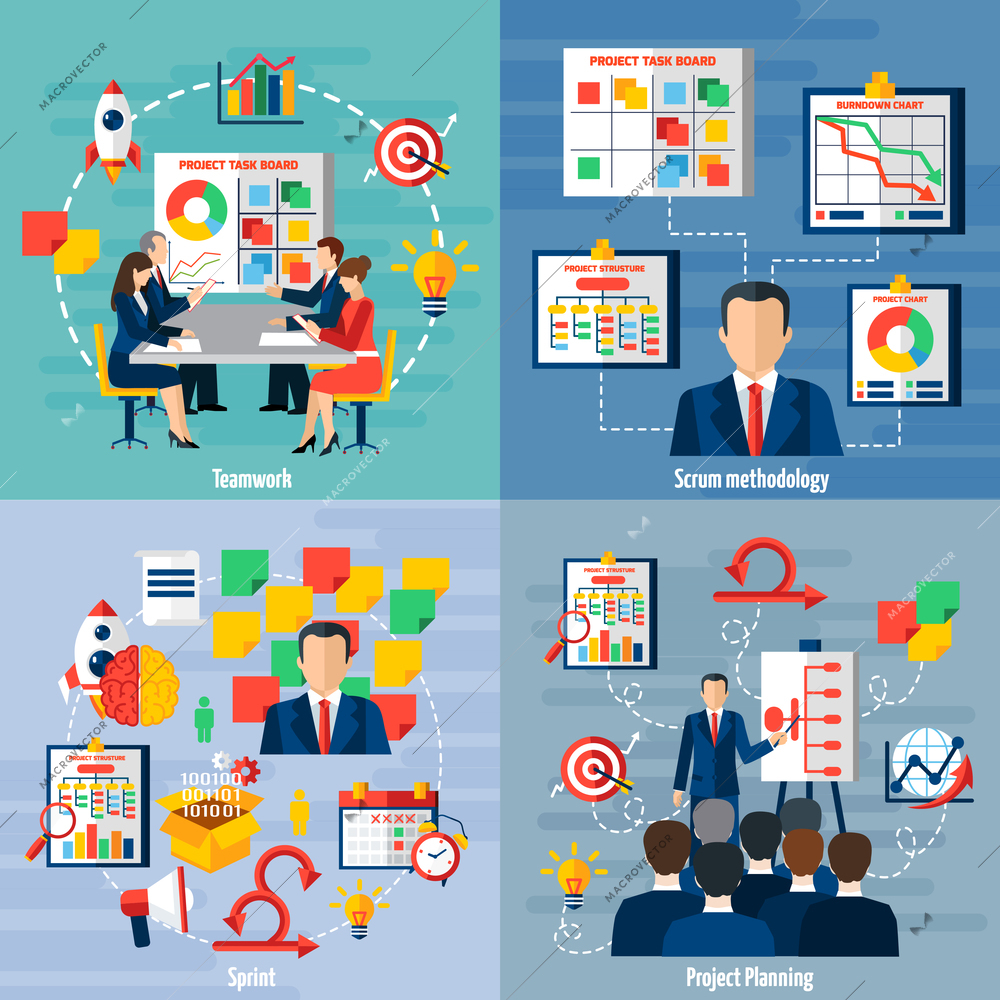 Scrum agile iterative flexible software development framework for teamwork 4 flat icons square composition abstract vector illustration