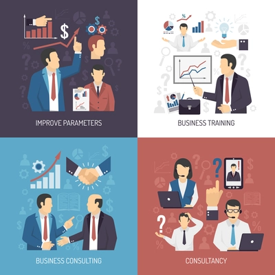 Business management skills training and consulting services concept 4 flat icons square design abstract isolated vector illustration