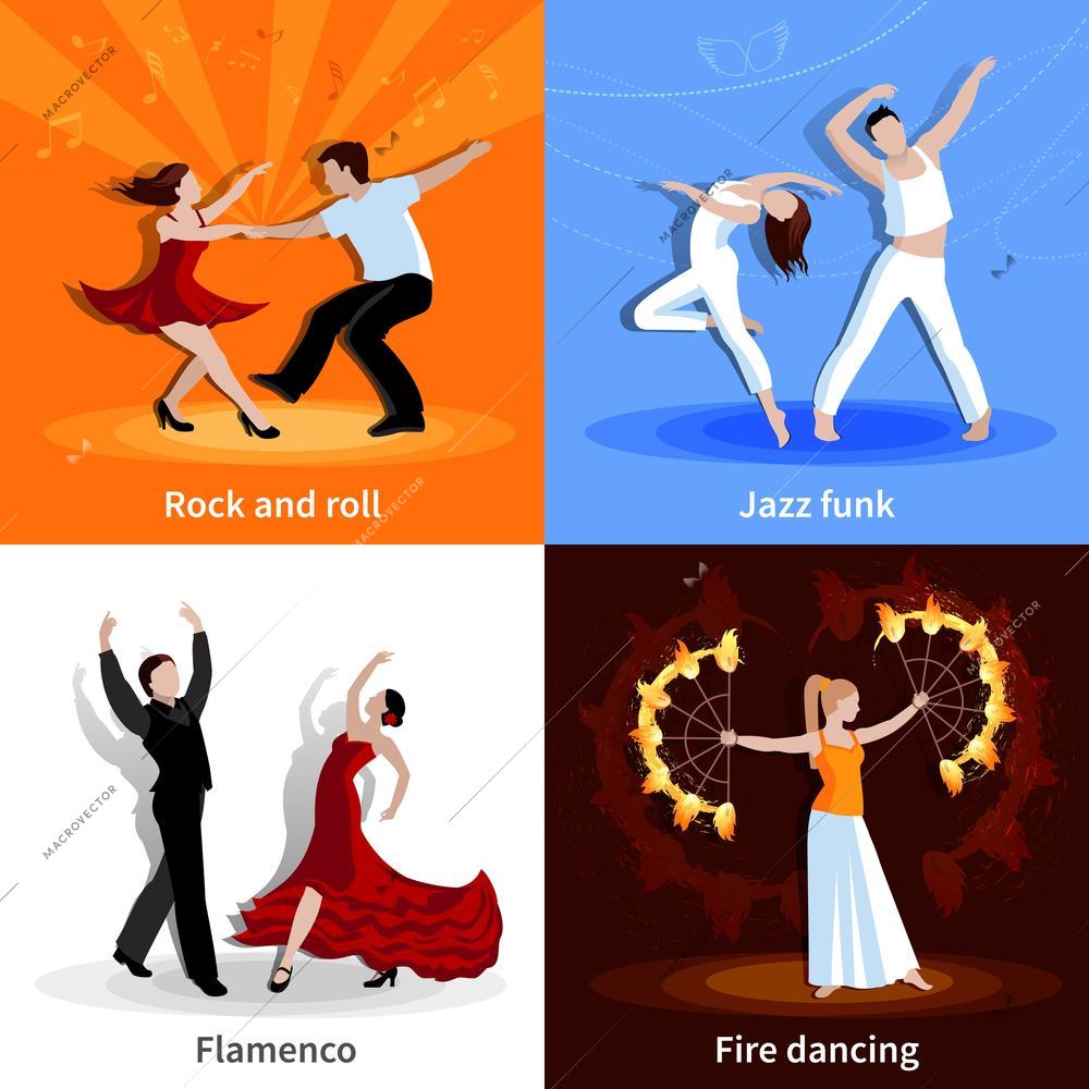 Performing various styles of dancing people 2x2 flat icons set isolated vector illustration