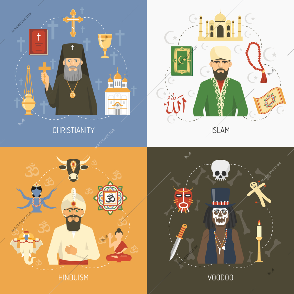 Christianity islam and hinduism religious concept and alternative voodoo ritual symbols 4 flat icons square isolated vector illustration