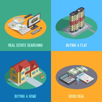 Real estate market search for a goed deal concept 4 isometric icons square abstract isolated vector illustration