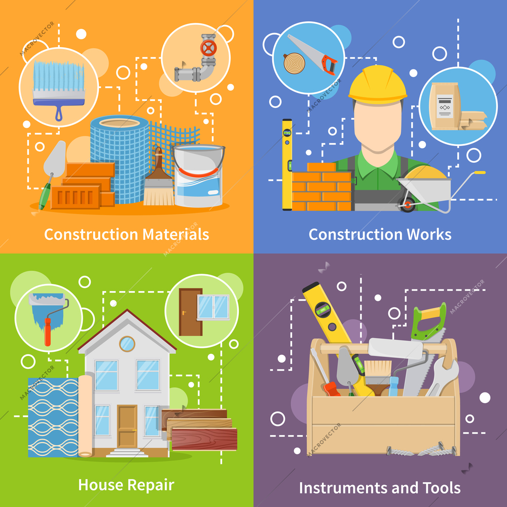 Flat design colorful construction materials 2x2 icons set with instruments and tools for house repair isolated vector illustration