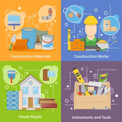 Flat design colorful construction materials 2x2 icons set with instruments and tools for house repair isolated vector illustration