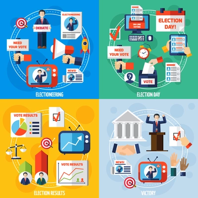 Elections and voting 2x2 design concept set of media discussion vote results and winning candidate flat compositions vector illustration