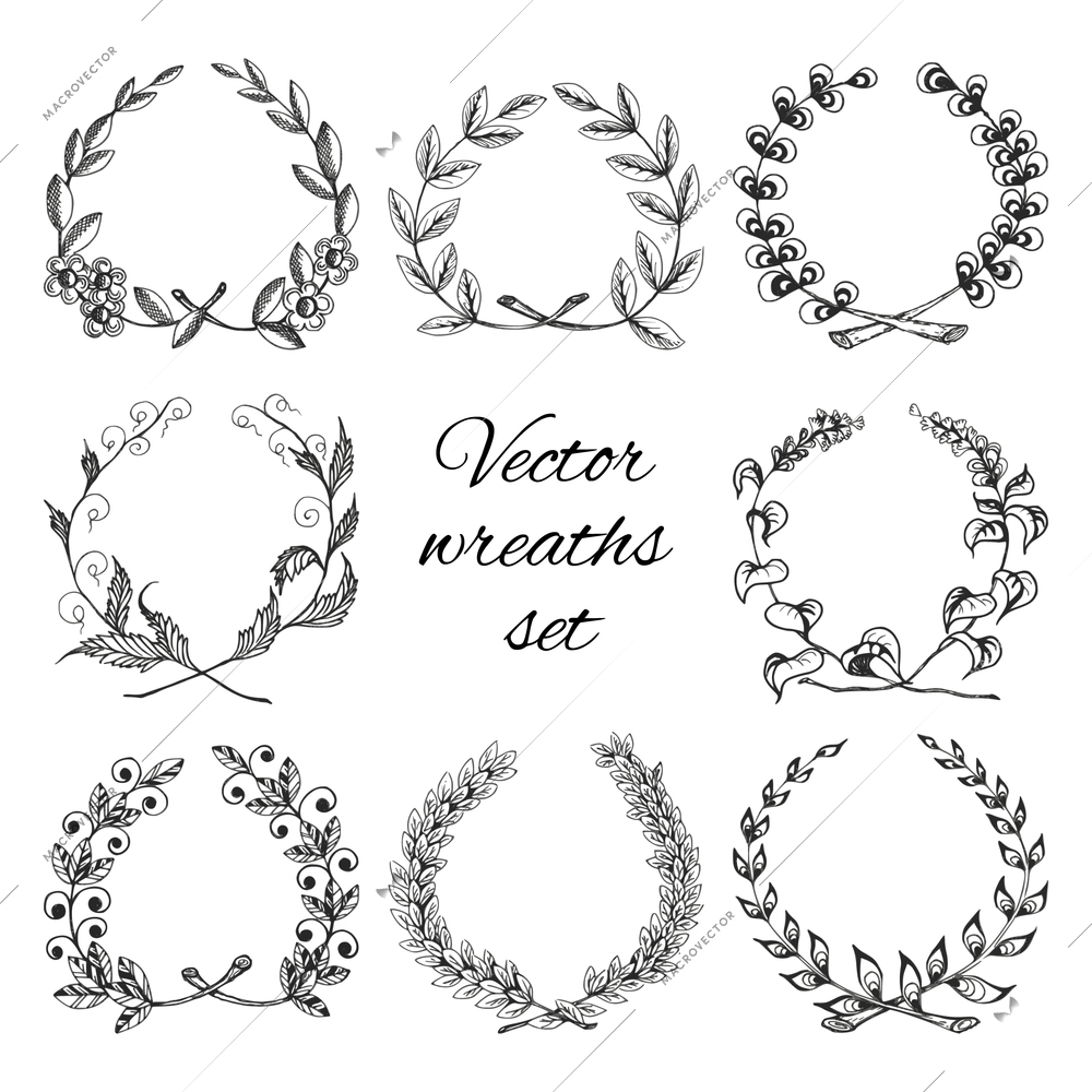 Sketch hand drawn traditional winning laurel branch wreaths set isolated vector illustration
